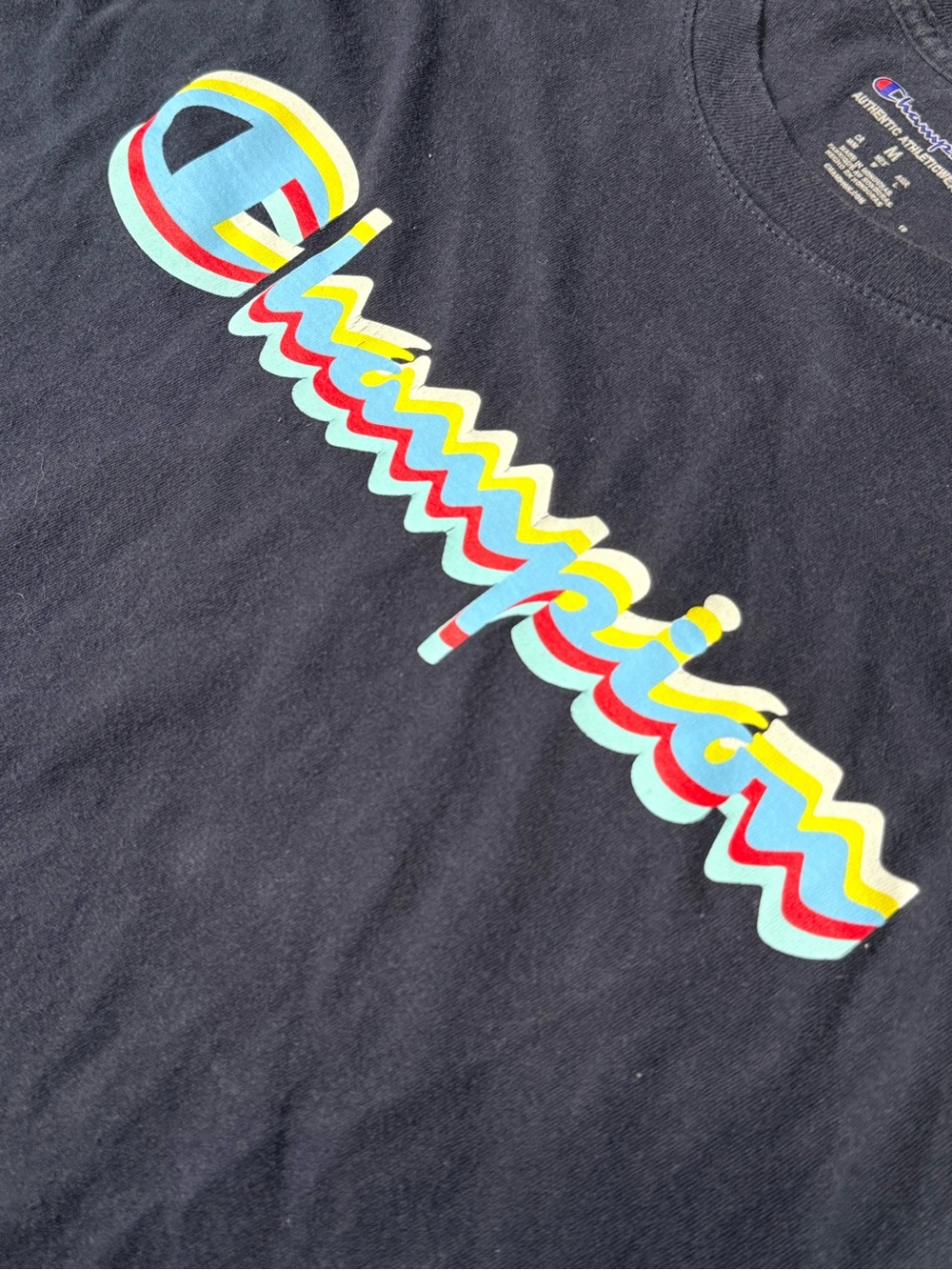 Champion Navy Retro Multicolor Logo Long Sleeve T-Shirt Men’s Medium - Picture 5 of 9